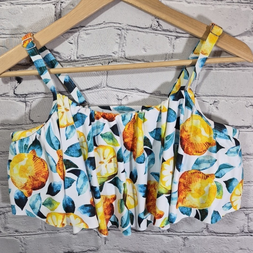 Cupshe Swim Top Bikini Top Womens Plus Size 1X Lemon Print Ruffle Summer
